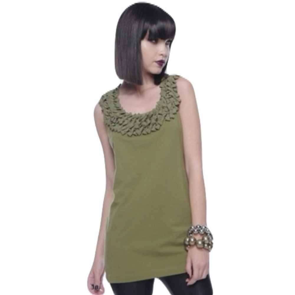Forever 21 Olive Green Ruffle Neck Sleeveless Tunic Top